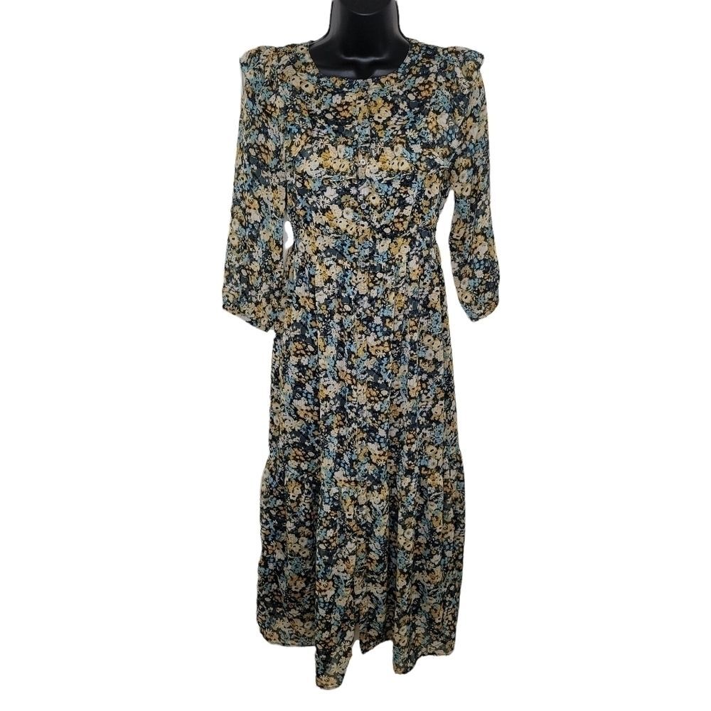 Loft floral ruffle neck cottagecore midi dress size xs